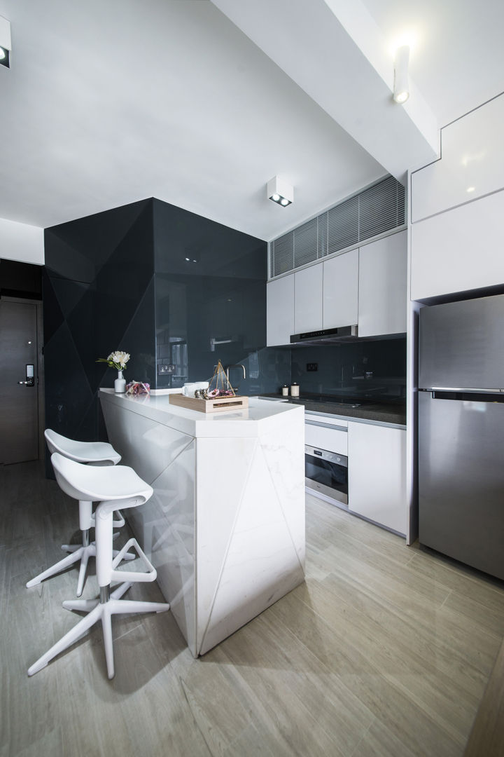 Black-and-white stuido flat in Hong Kong, Zip Interiors Ltd: minimalist by Zip Interiors Ltd, Minimalist studio flat,open kitchen,open plan,home,cozy home,minimal,black and white