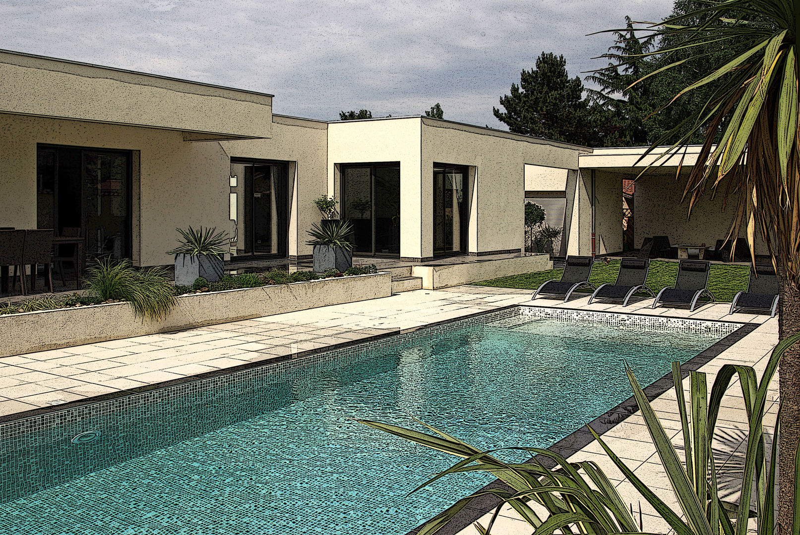 Extérieur avec piscine Pierre Bernard Création Jardin méditerranéen piscine,carrelage,bordure bois