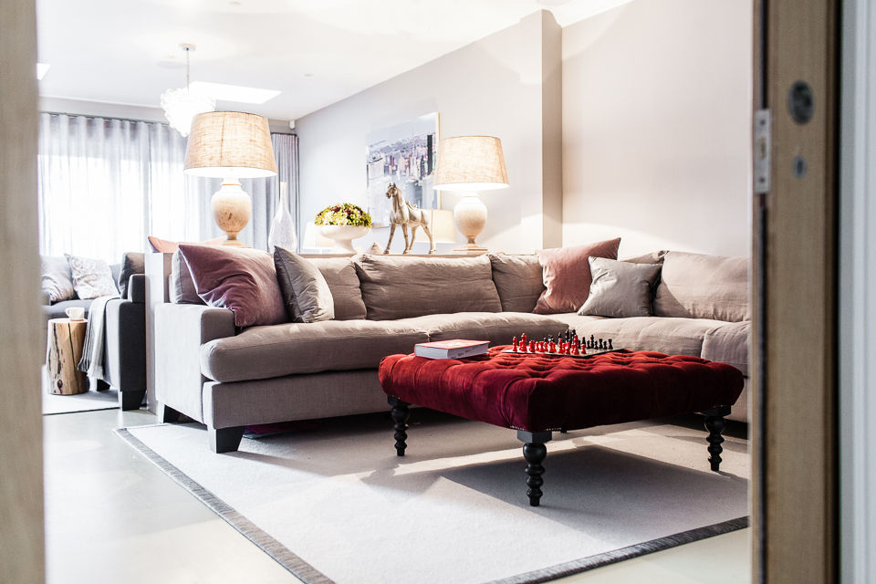 Open Plan Space Lauren Gilberthorpe Interiors Living room buttonned footstool,red,grey,corner sofa