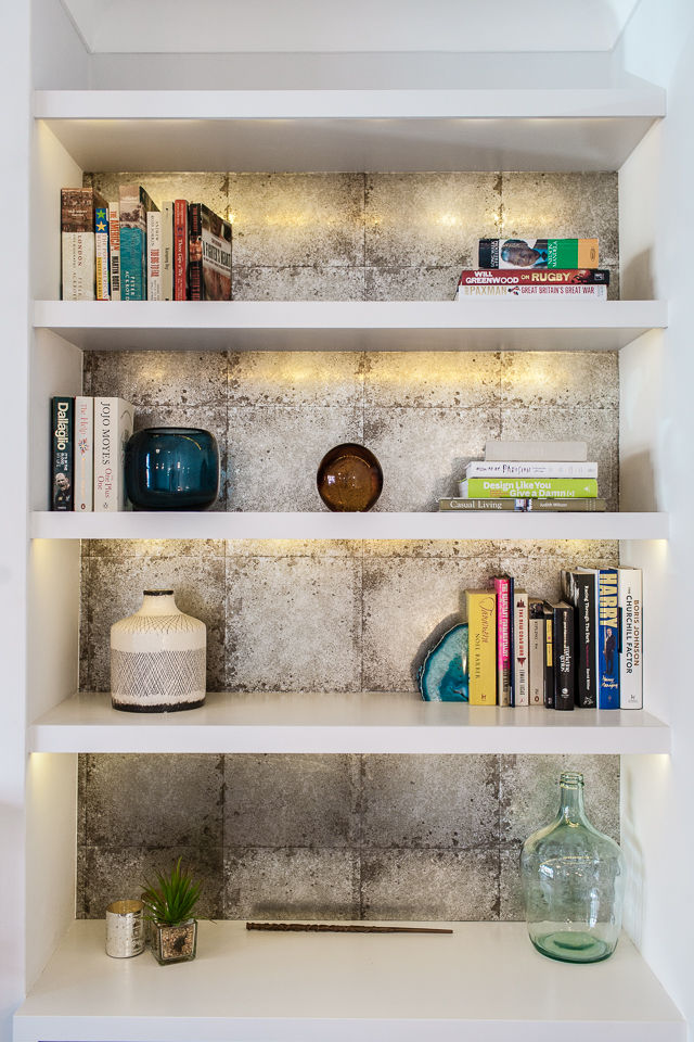 Floating Bookshelves Lauren Gilberthorpe Interiors Living room lighting in shelves,mirror wallpaper,zoffany