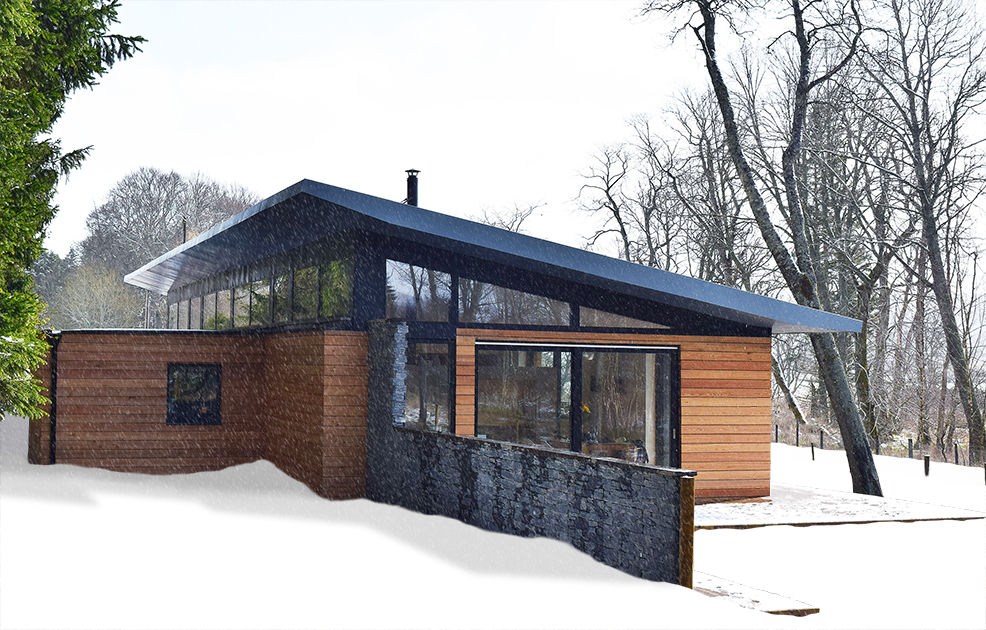House in the snow Brown & Brown Architects Modern houses Stone modern,timber,stone,glass,house,rural,scotland,cairngorms,site,lowcost,sustainable,strathdon