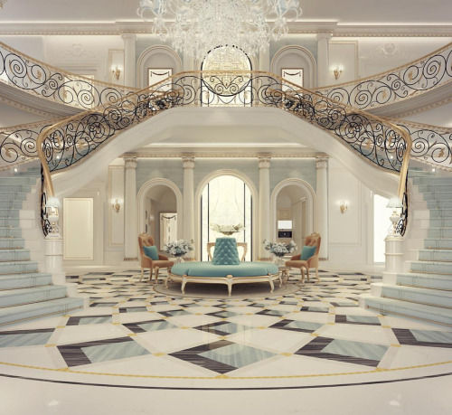 Exploring Luxurious Homes : Grand Lobby Interior Design, IONS DESIGN IONS DESIGN Classic style corridor, hallway and stairs Marble foyer design,home design,home interiors,interior design,dubai,saudi,lounge design,lobby design,luxury homes