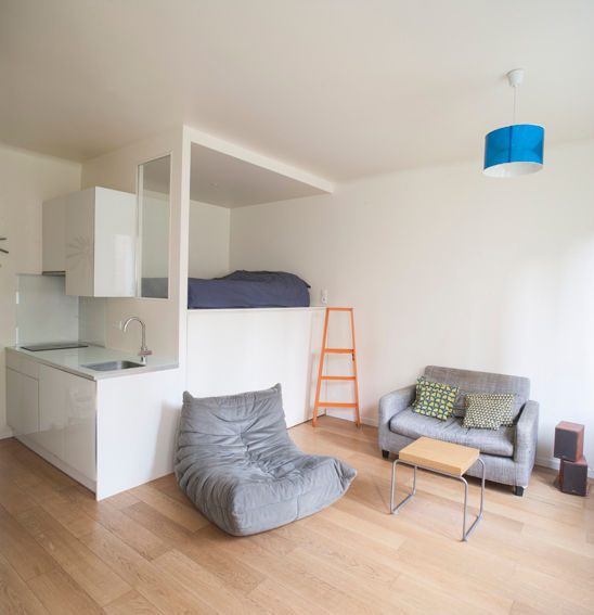 Espace chambre / dressing / cuisine homify Chambre moderne Bois Effet bois ooa,olivier,olindo,architecte,architecture,paris,boulogne,billancourt,studio,renovation,mezzanine,bois