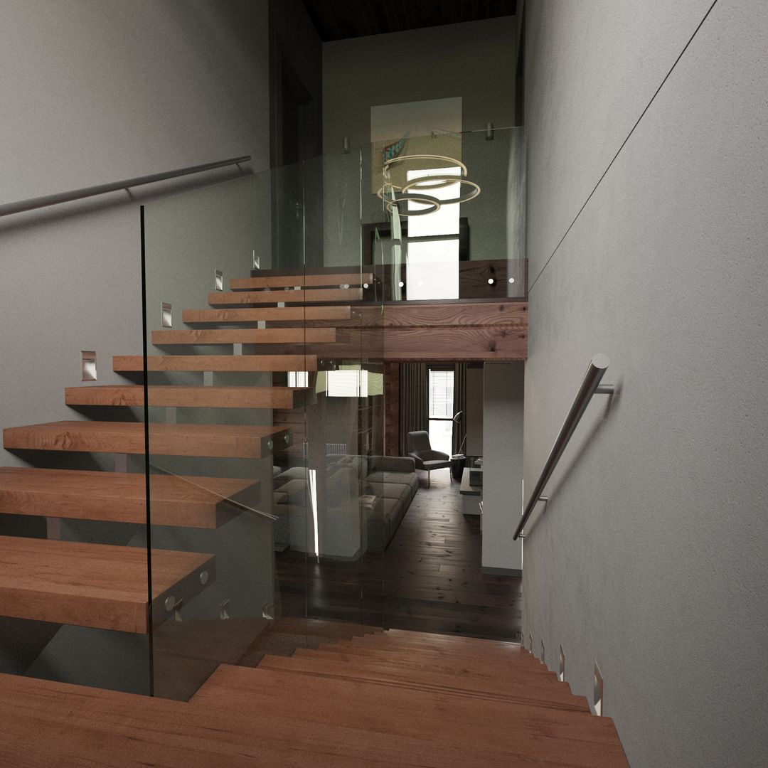 Минималистичный интерьер двухэтажного дома из клееного бруса для семейной пары, EcoHouse Group EcoHouse Group Minimalist corridor, hallway & stairs