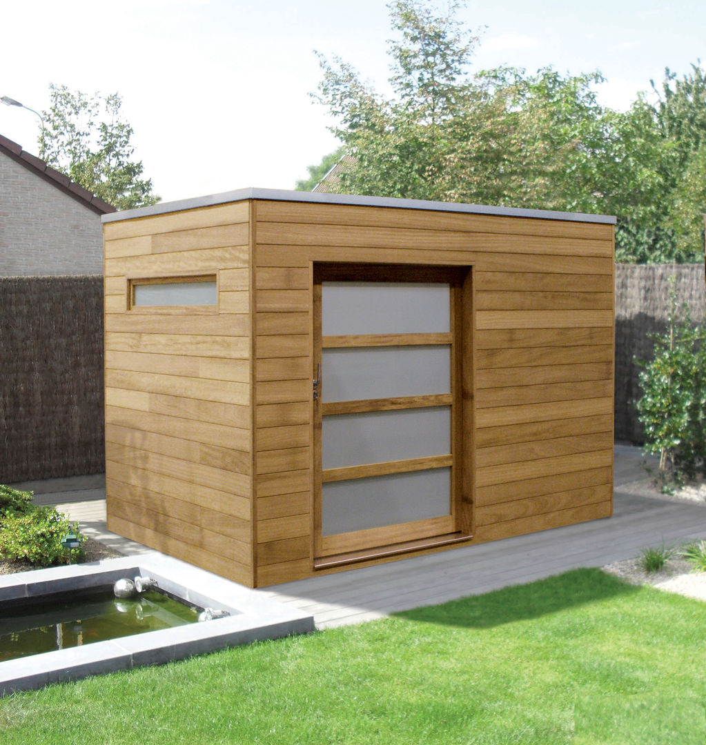 Iroko Box homify Nhà để xe/nhà kho phong cách hiện đại Gỗ Wood effect box,cube,storage,shed,modern,flat roof,wood effect,luxury