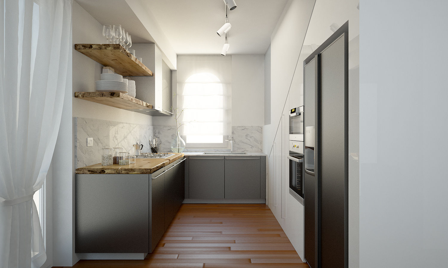 Render foto-realistico zona cucina QUADRASTUDIO cucina nera,piano di lavoro cucina,mensole,legno
