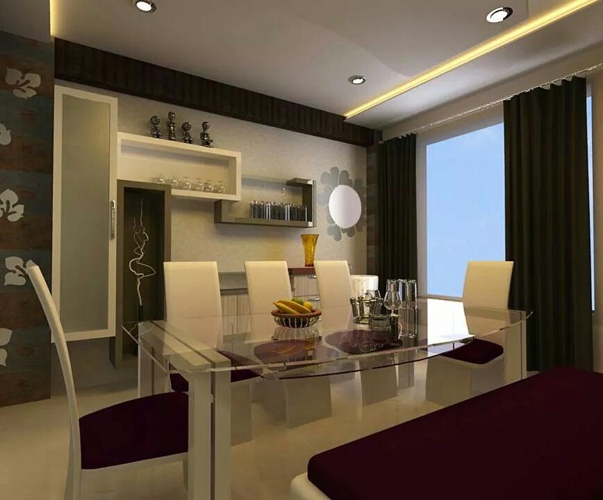 Dining area with wall units Elegant Dwelling Modern dining room Plywood Crockery & glassware