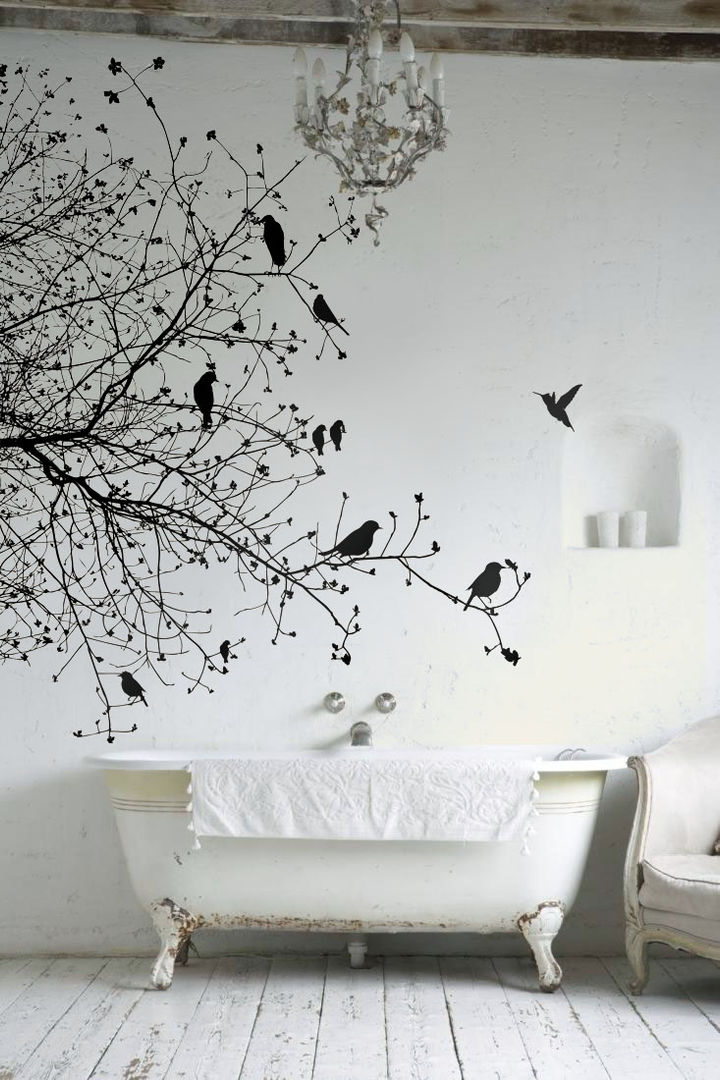 Branch Pixers Baños rústicos wall mural,wallpaper,tree,birds