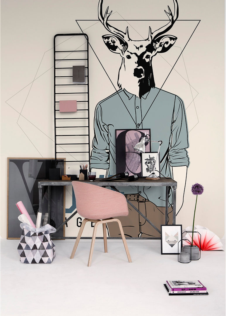 Hipster Deer Pixers Estudios y bibliotecas de estilo escandinavo wall mural,wallpaper,deer,hipster,triangle