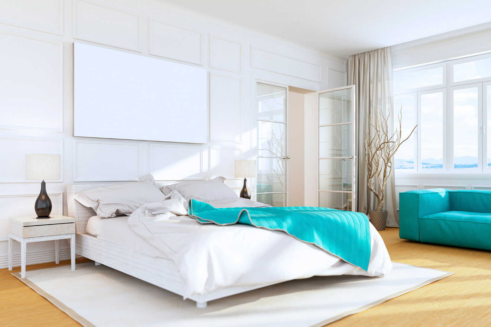 Beach House Bedroom Gracious Luxury Interiors Cuartos de estilo minimalista Torquoise,Blue,beach house,White,Bright,Pastel,Minimal,Pop of Color