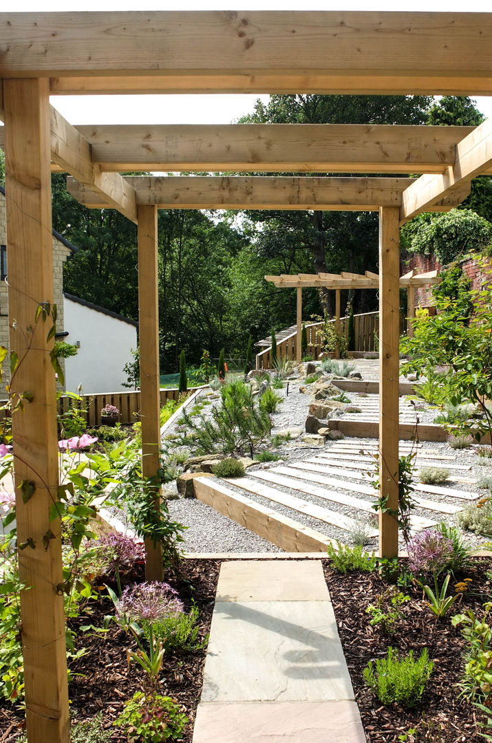 Modern Garden with a rustic twist Yorkshire Gardens Modern Garden pergola,sleepers,steps