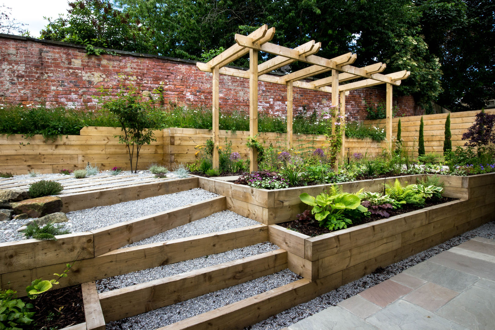 Modern Garden with a rustic twist Yorkshire Gardens Modern garden sleepers,railway sleepers,raised beds,pergola