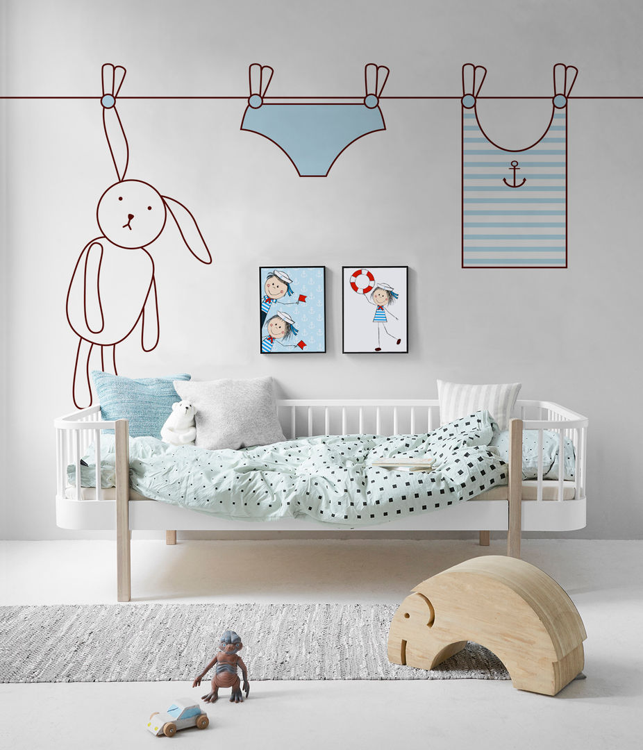 Rabbit and the laundry Pixers Scandinavian style nursery/kids room wall mural,wallpaper,bunny,funny,child,drawing