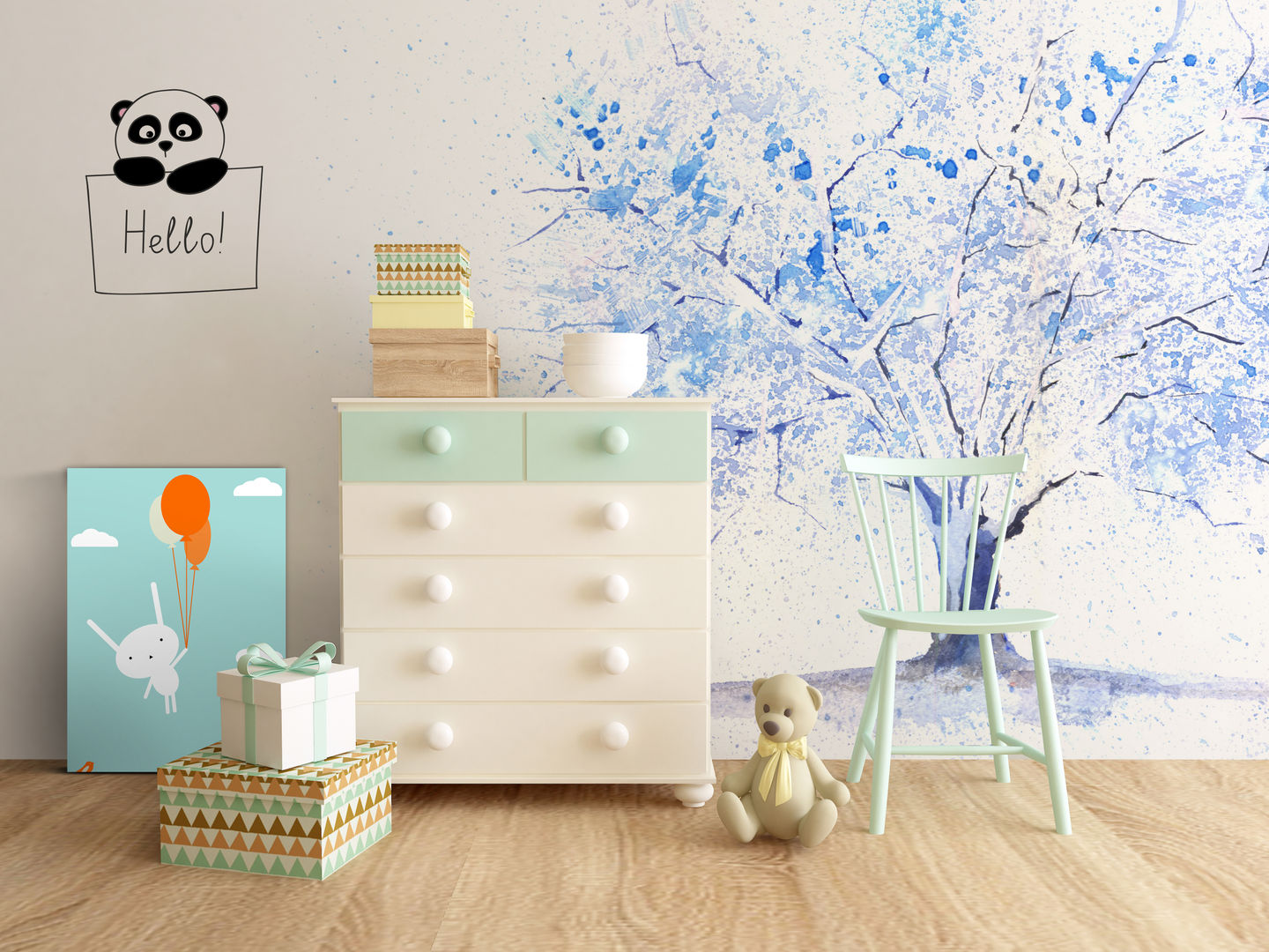 Blue Tree Pixers Scandinavian style nursery/kids room wall mural,wallpaper,child,tree,winter