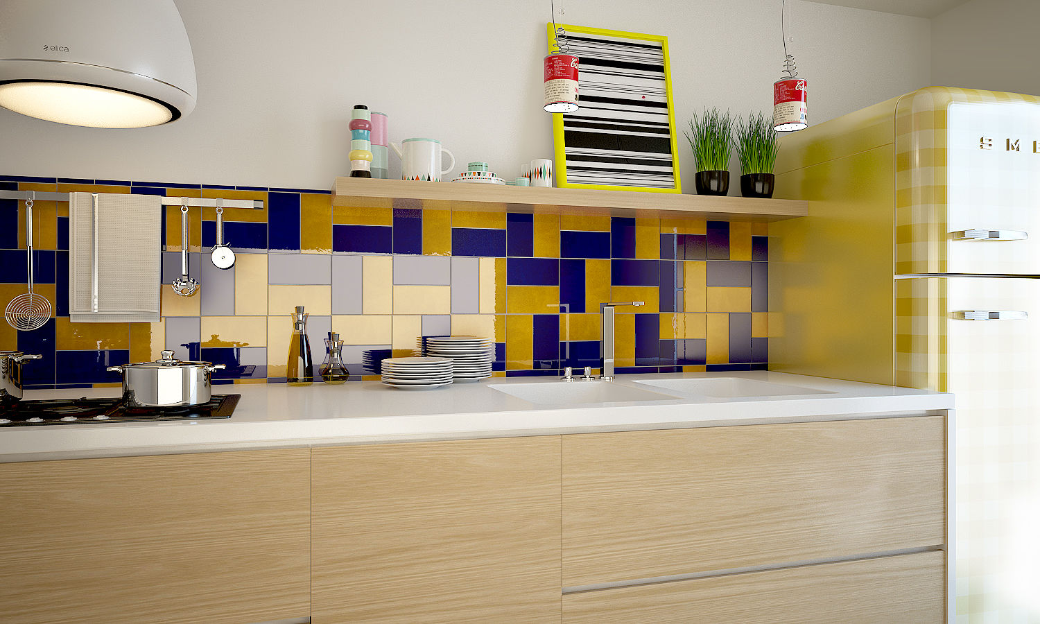 blue and yellow olivia Sciuto Cucina moderna Illuminazione