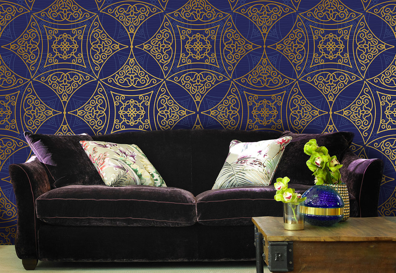 Oriental Pattern Pixers Soggiorno in stile coloniale wall mural,wallpaper,pattern,moroccan,oriental,colonial,blue