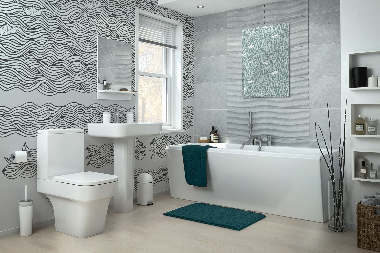 Black&White waves Pixers Modern bathroom wall mural,wallpaper,paper,boats,waves,,'