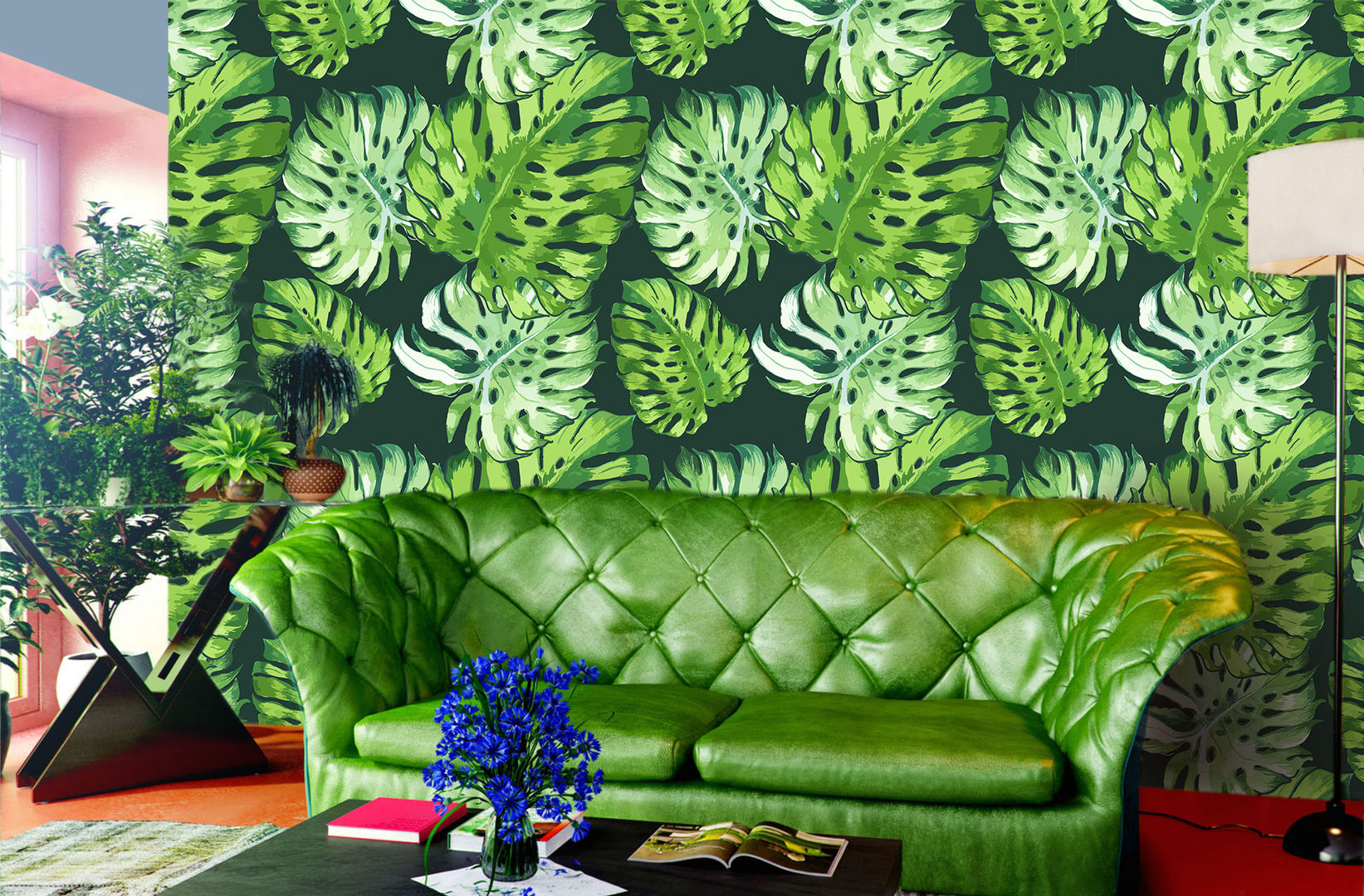 Tropical Leaves Pixers コロニアルデザインの リビング jungle,tropical,leaves,wall mural,wallpaper