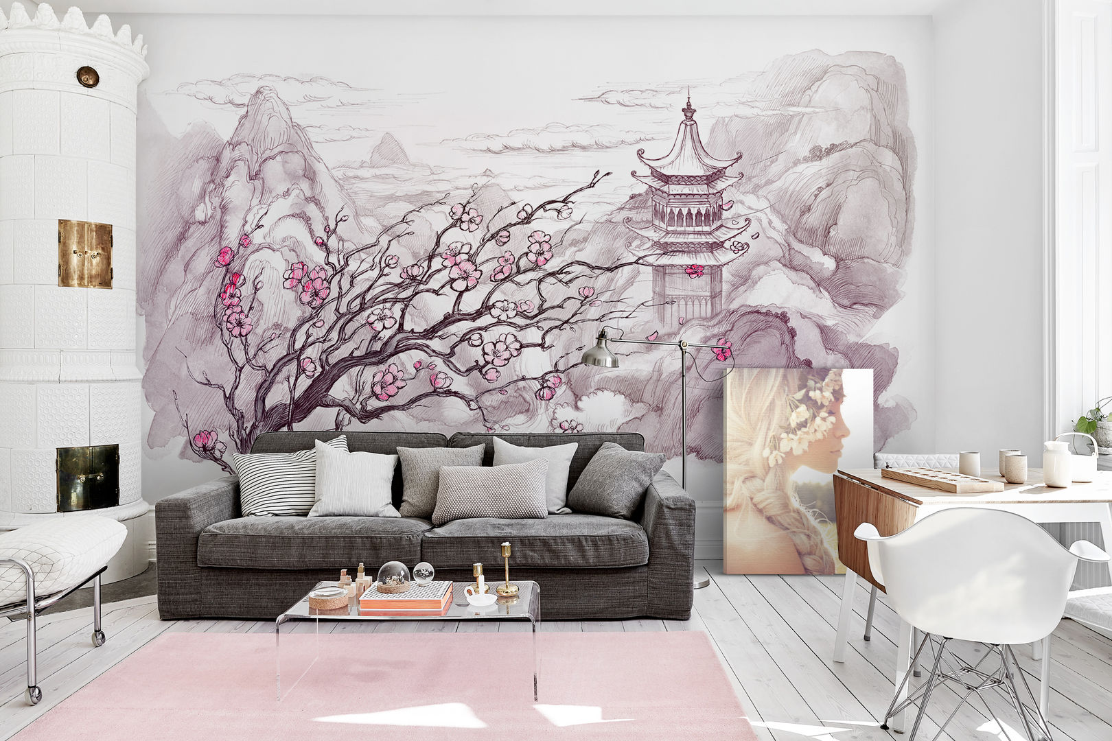 Japanese Mountains Pixers 에클레틱 거실 mountains,japan,cherry blossom,cherry,flowers,wall mural,wallpaper