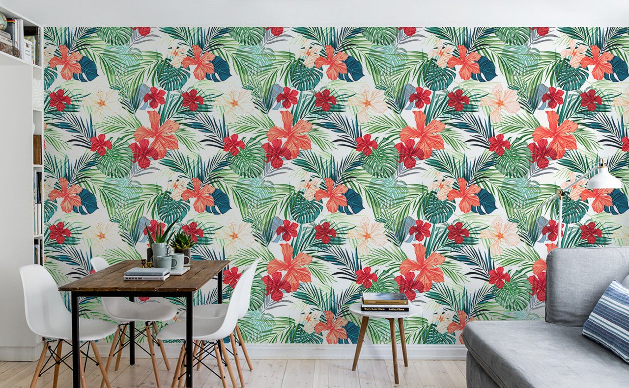 Tropical Flowers Pixers Minimalistische eetkamers jungle,tropical,flowers,leaves,wall mural,wallpaper