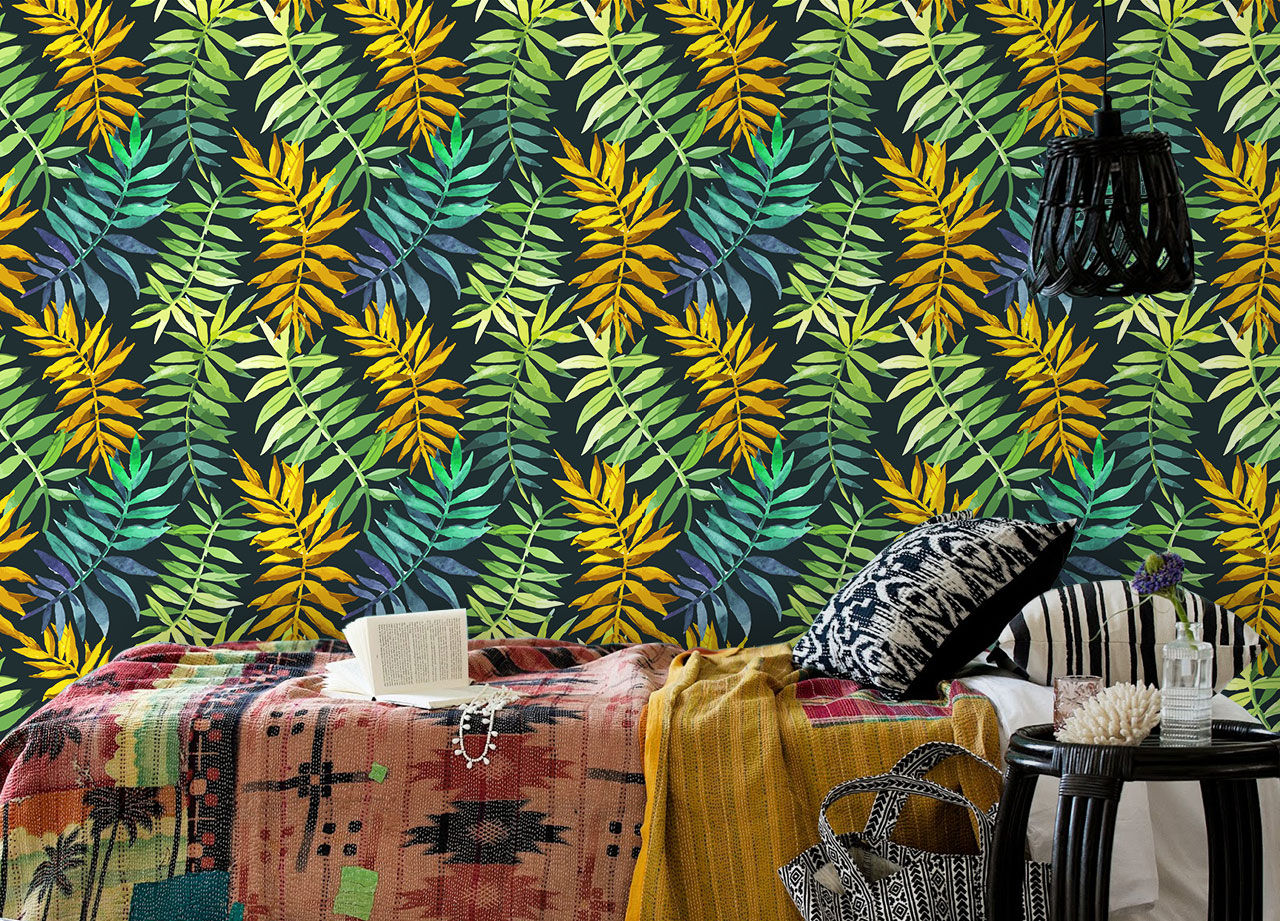 Green&Yellow Pixers غرفة نوم leaves,tropical,jungle,wall mural,wallpaper
