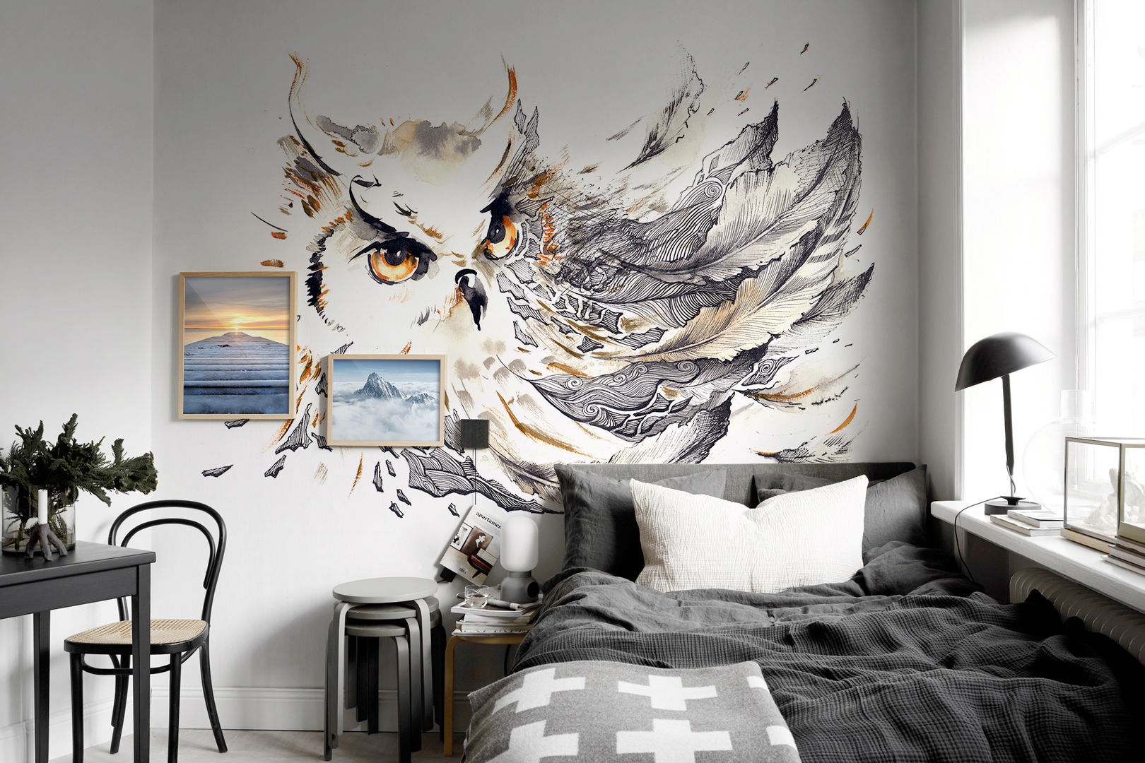 Owl Pixers オリジナルスタイルの 寝室 owl,owls,bird,wall decal,wall mural,wallpaper