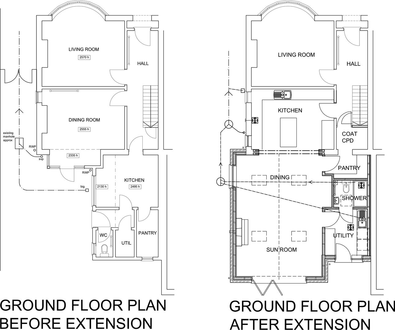 Before and After Floor Plans - Timber Frame Extension Boston Lincolnshire homify timber frame,extension,boston,lincolnshire,kitchen,dining,sun room,utility,shower