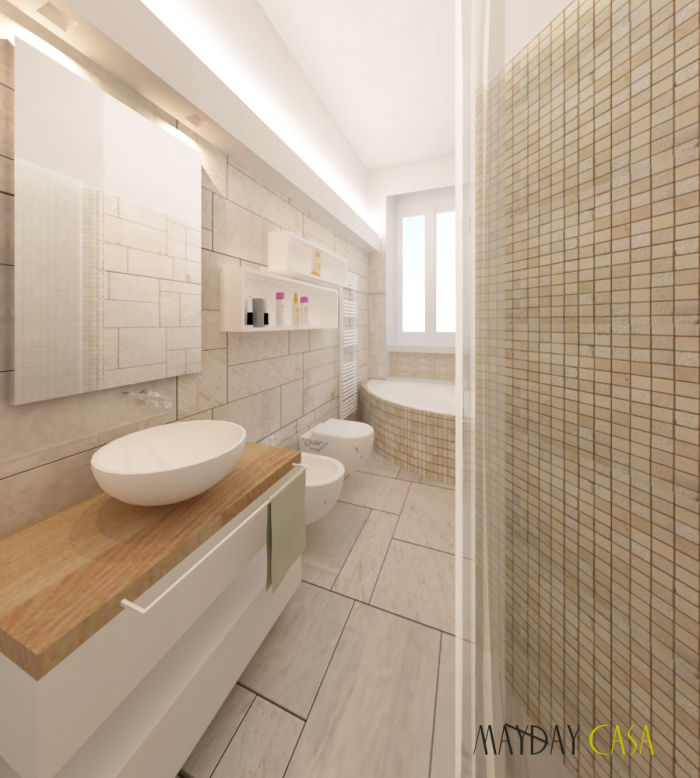 Due camere e un living in 70 mq, Azzurra Lorenzetto Azzurra Lorenzetto 現代浴室設計點子、靈感&圖片 石器