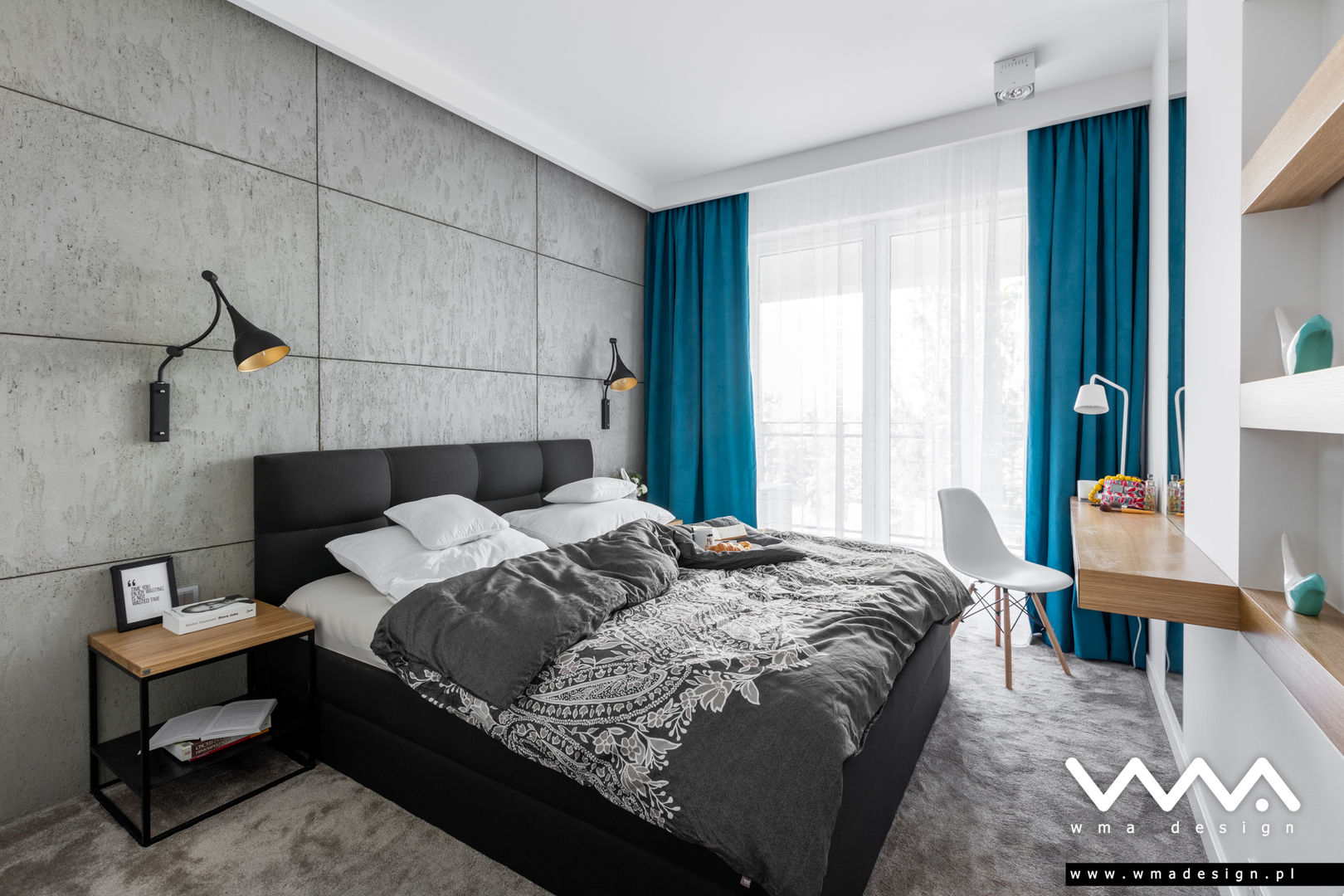 sypialnia z betonem WMA Design Nowoczesna sypialnia sypialnia,beton,szarości,dąb,biele,wmadesign