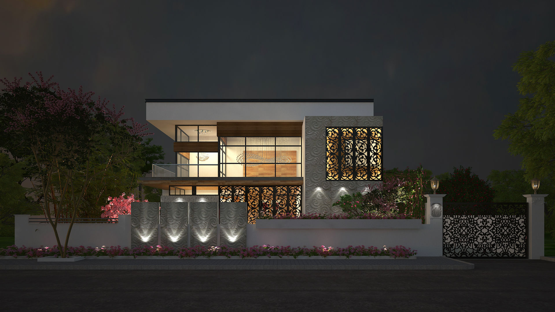 EXTERIOR NIGHT VIEW De Panache - Interior Architects Houses کنکریٹ