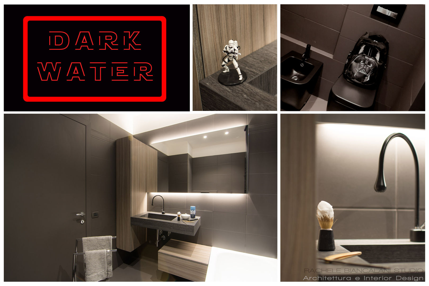 DARK WATER - a very dark bathroom - galactic renovation - TRASFORMAZIONE GALATTICA Rachele Biancalani Studio Bagno moderno Vetro starwars,dark,water,bagno,scuro,ristrutturazione,resina,microresina,restyling,cila,pratica edlizia,nero,grigio,beige,tortora,antracite,sanitari neri,sanitari neri