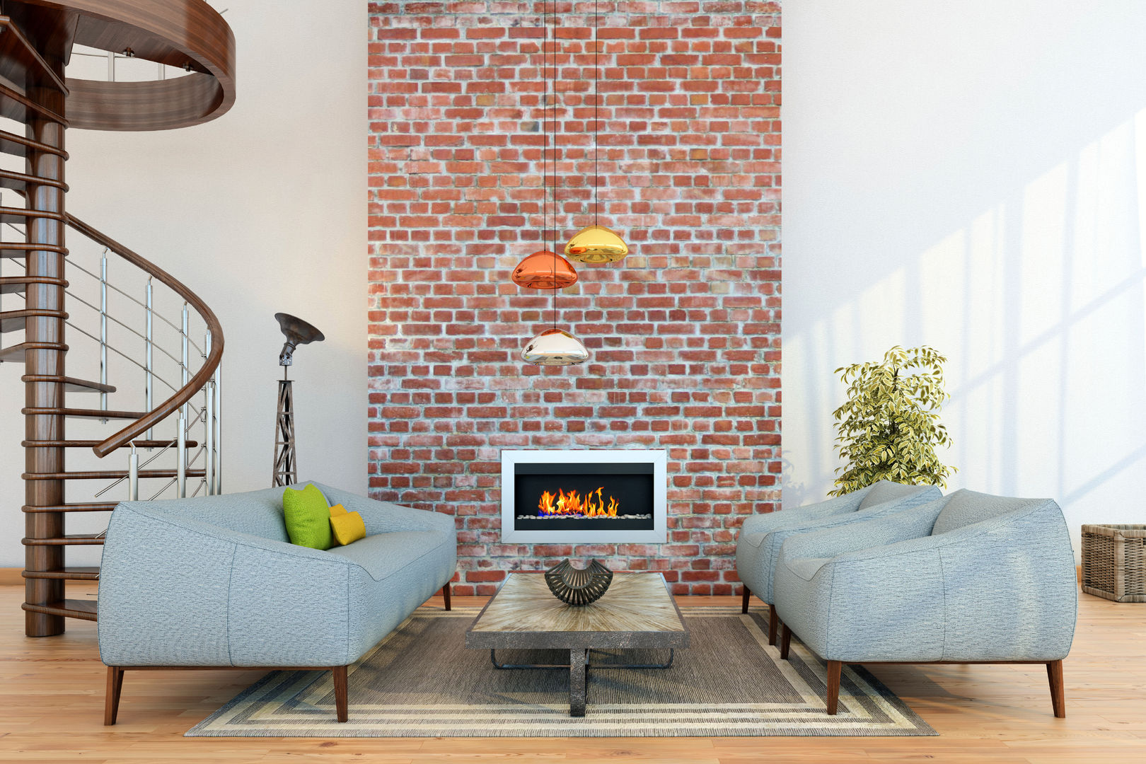 Exposed Brick With Copper Highlights Gracious Luxury Interiors Soggiorno moderno Laterizio