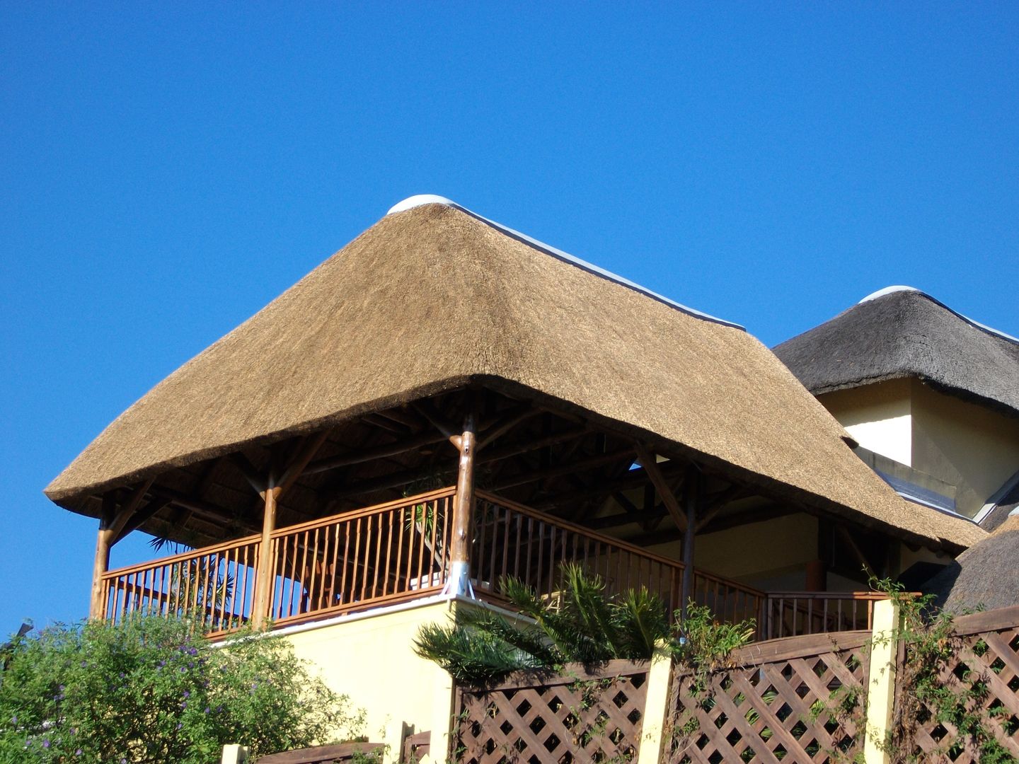 Thatch Lapa over veranda at Residential Home Bosazza Roofing & Timber Homes Rustic style balcony, veranda & terrace