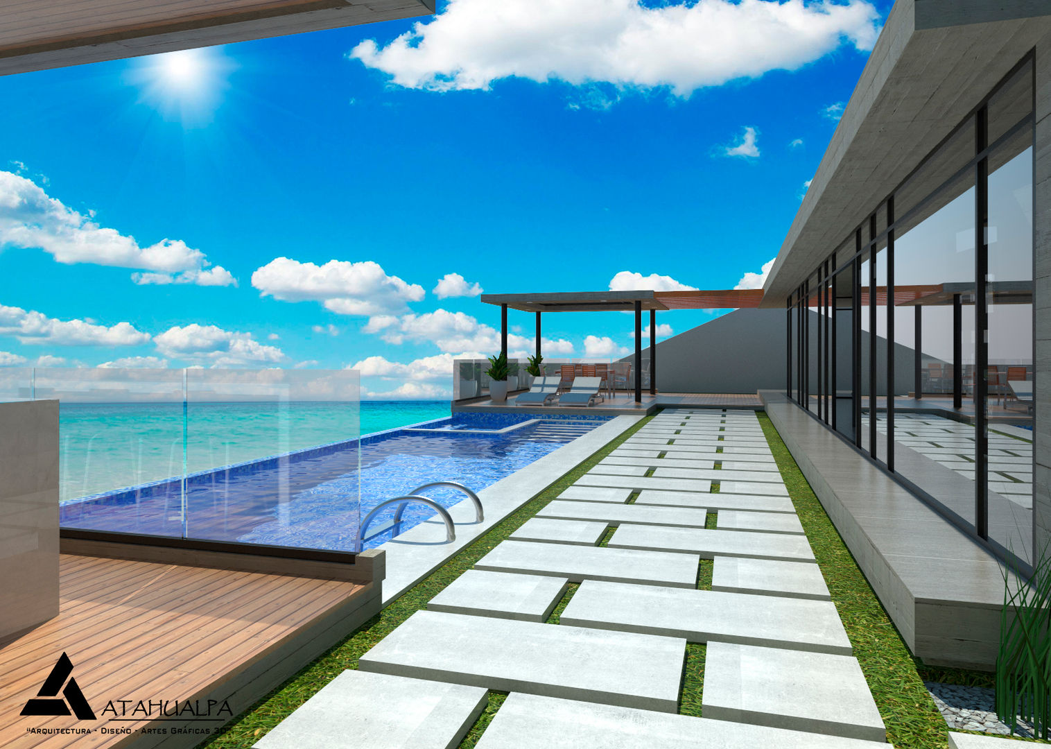 Render Vista Terraza Atahualpa 3D Piscinas de estilo moderno