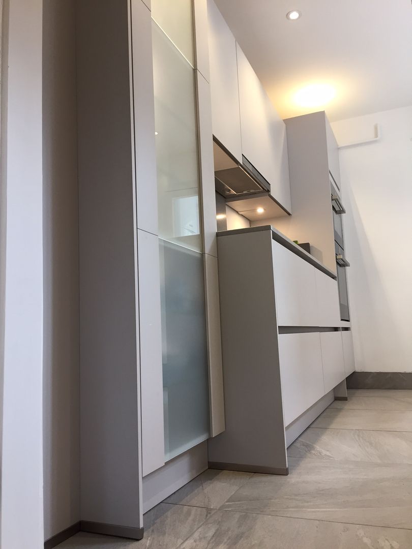 Nobilia Project 13 Laser 20mm matt laminate flat door in a mineral grey Eco German Kitchens Moderne Küchen MDF Nobilia matt laminate,mineral grey,stainless steel continuous handle rail,flat panel,small galley kitchen,Quartz worktops in MA Grey,Blanco silgranite sink,Blanco Culina tap