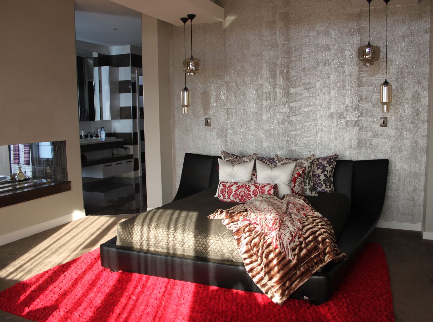Main Bedroom Inside Out Interiors Modern style bedroom modern,low-slung bed,leather bed,main bedroom,fur throw,textured carpet,fitted quilt,wallpaper,pendant lights,scatter cushions