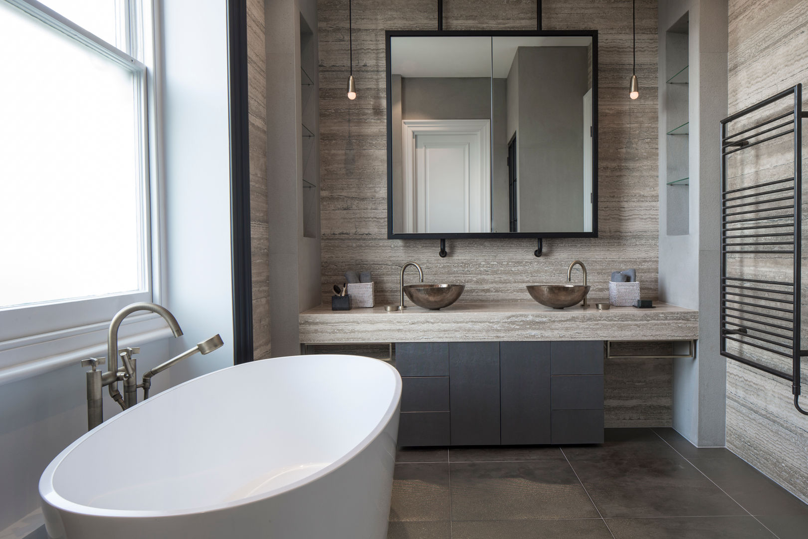 Master Bathroom - Belsize Park Roselind Wilson Design Modern bathroom dream bathroom,industrial-look bathroom,natural stone,vintage brass taps,grey limestone storage,vanity focal point,vanity focal point