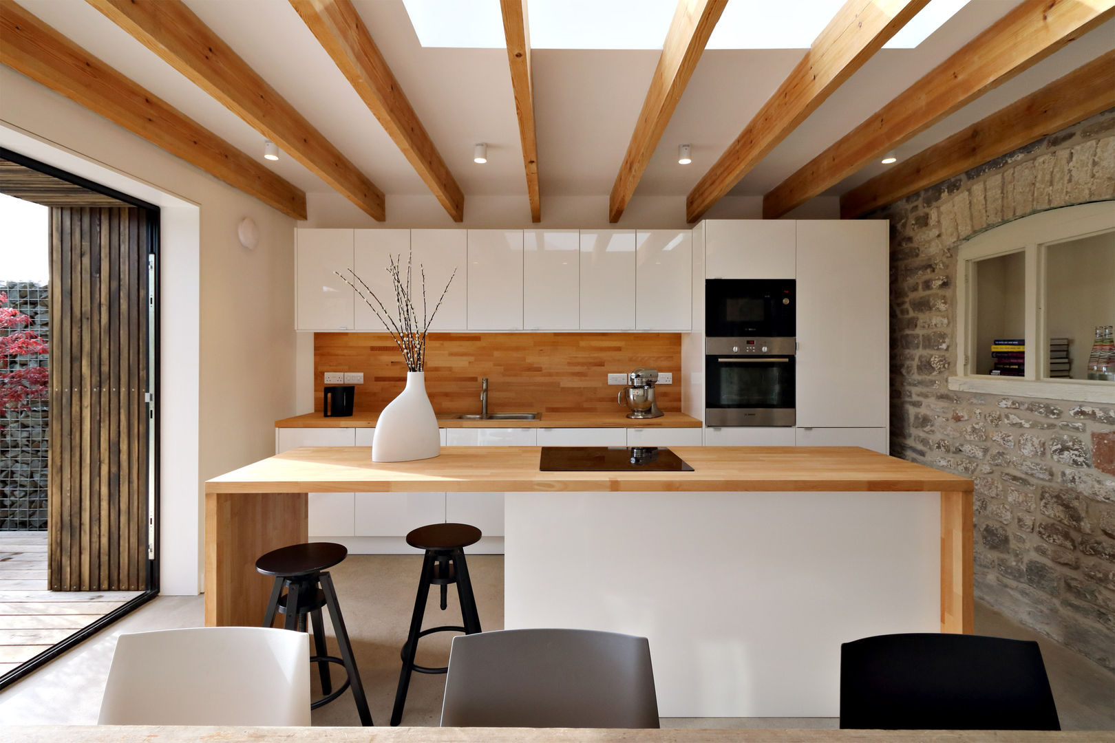 Miner's Cottage I Kitchen design storey Kitchen white gloss kitchen,spruce,timber worktops