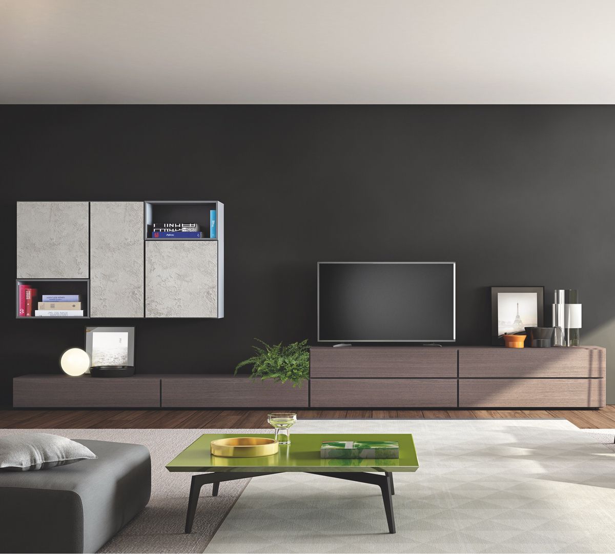 Wohnwand in Kombination aus Beton-Optik und Eiche cenere, Gabler24.com Gabler24.com Livings de estilo moderno Tablero DM Muebles de televisión y dispositivos electrónicos