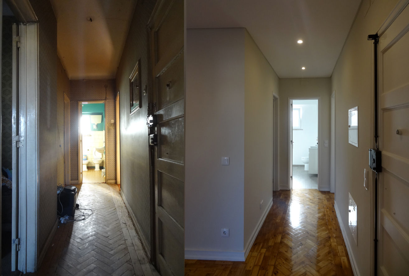 Antes&Depois Happy Ideas At Home - Arquitetura e Remodelação de Interiores Corredores, halls e escadas modernos