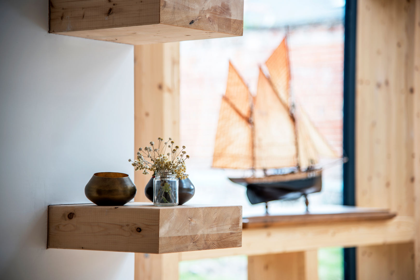 glulam joinery homify Modern dining room Engineered Wood Transparent glulam,timber,shelving,shelves,window,joinery,suffolk,architecture