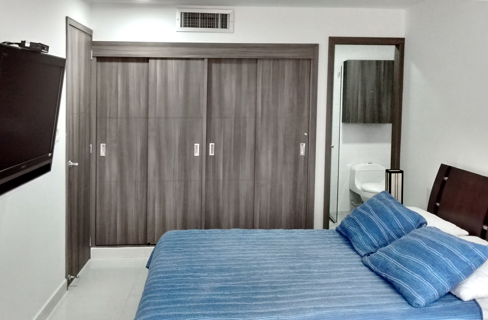 Alcoba principal Remodelar Proyectos Integrales Habitaciones modernas Tablero DM carpinteria de madera,puertas,closet