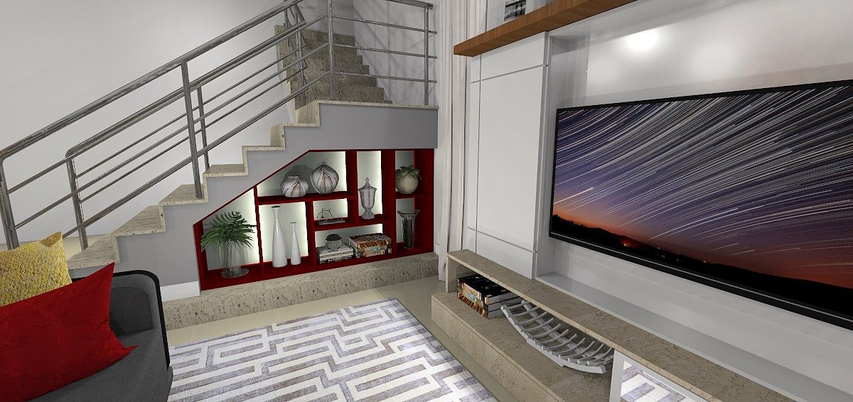 LIVING , Danielle Barbosa DECOR|DESIGN Danielle Barbosa DECOR|DESIGN Salas de estar modernas SALA DE ESTAR,LIVING,TV,HOME THEATER,ESCADA,ESTANTE,PRATELEIRA