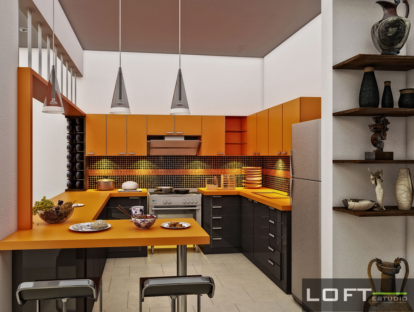 Cocina LOFT ESTUDIO arquitectura y diseño Cocinas modernas Aglomerado Cocina,naranja,gris