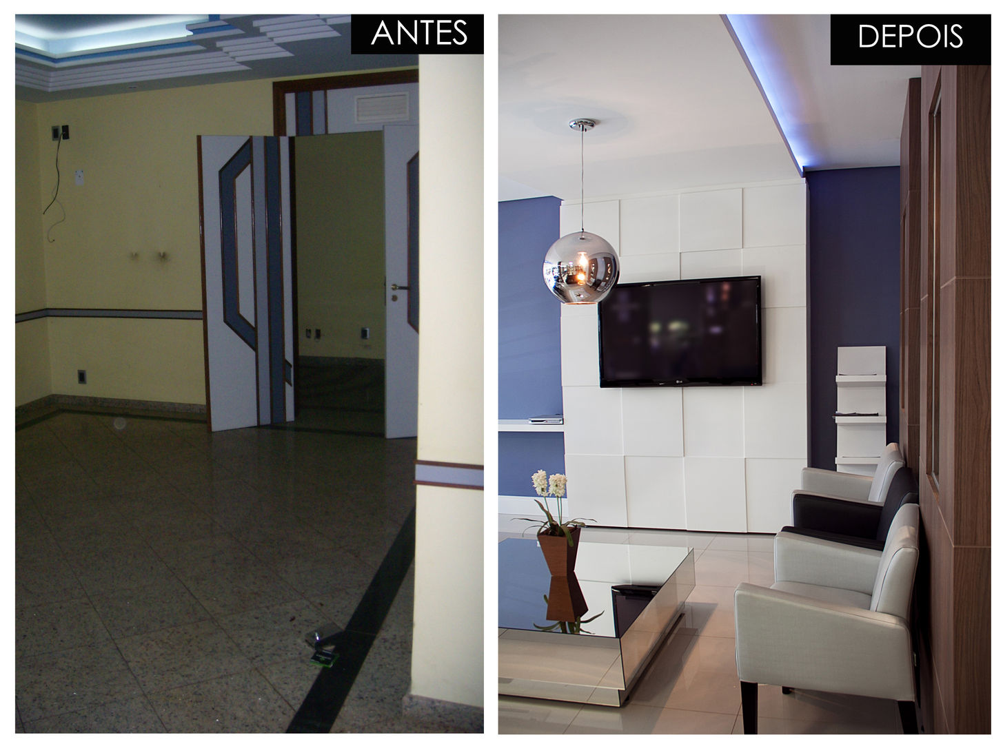 Antes e Depois Recepção Clínica Suelen Kuss Arquitetura e Interiores Escritórios modernos MDF Azul