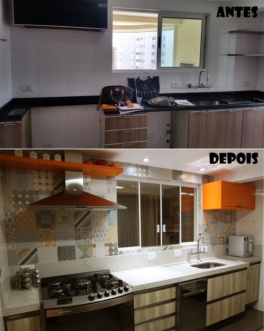 Antes e Depois Lavatório Cozinha Suelen Kuss Arquitetura e Interiores Cozinhas modernas MDF Laranja