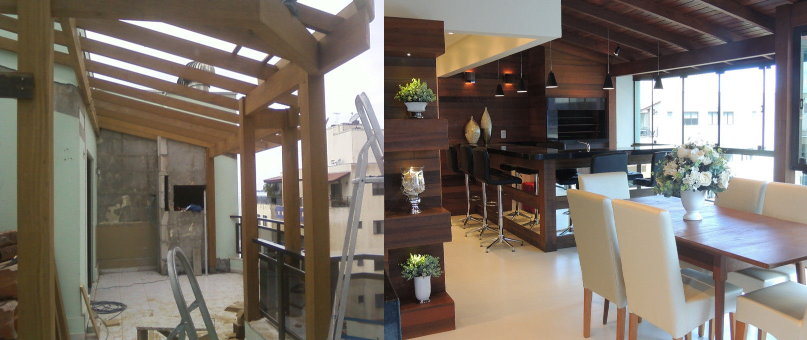 Antes e depois da execução da churrasqueira Rosé Indoor Design Varandas, alpendres e terraços modernos Mobiliário