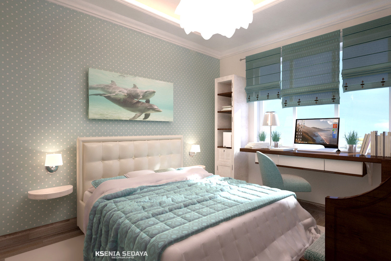 Дизайн морского интерьера трехкомнатной квартиры, Студия Ксении Седой Студия Ксении Седой オリジナルスタイルの 寝室
