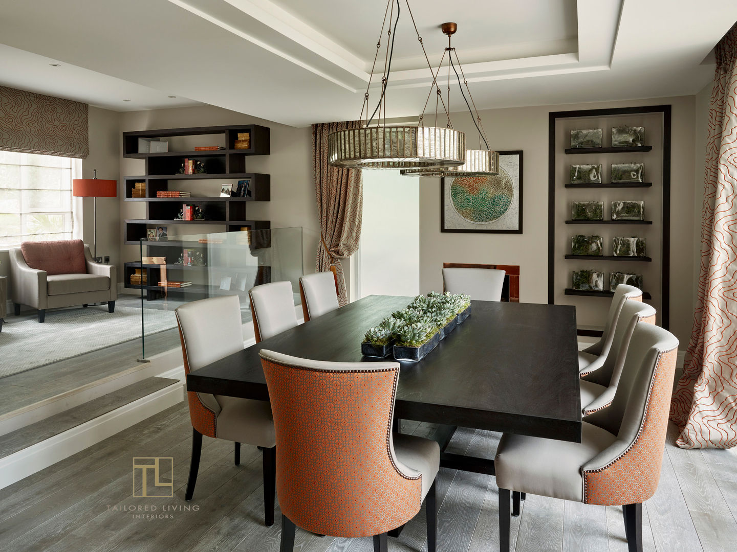 Dining room and nook area Tailored Living Interiors Phòng ăn phong cách hiện đại interior designer,interior design,dining room,bespoke shelves