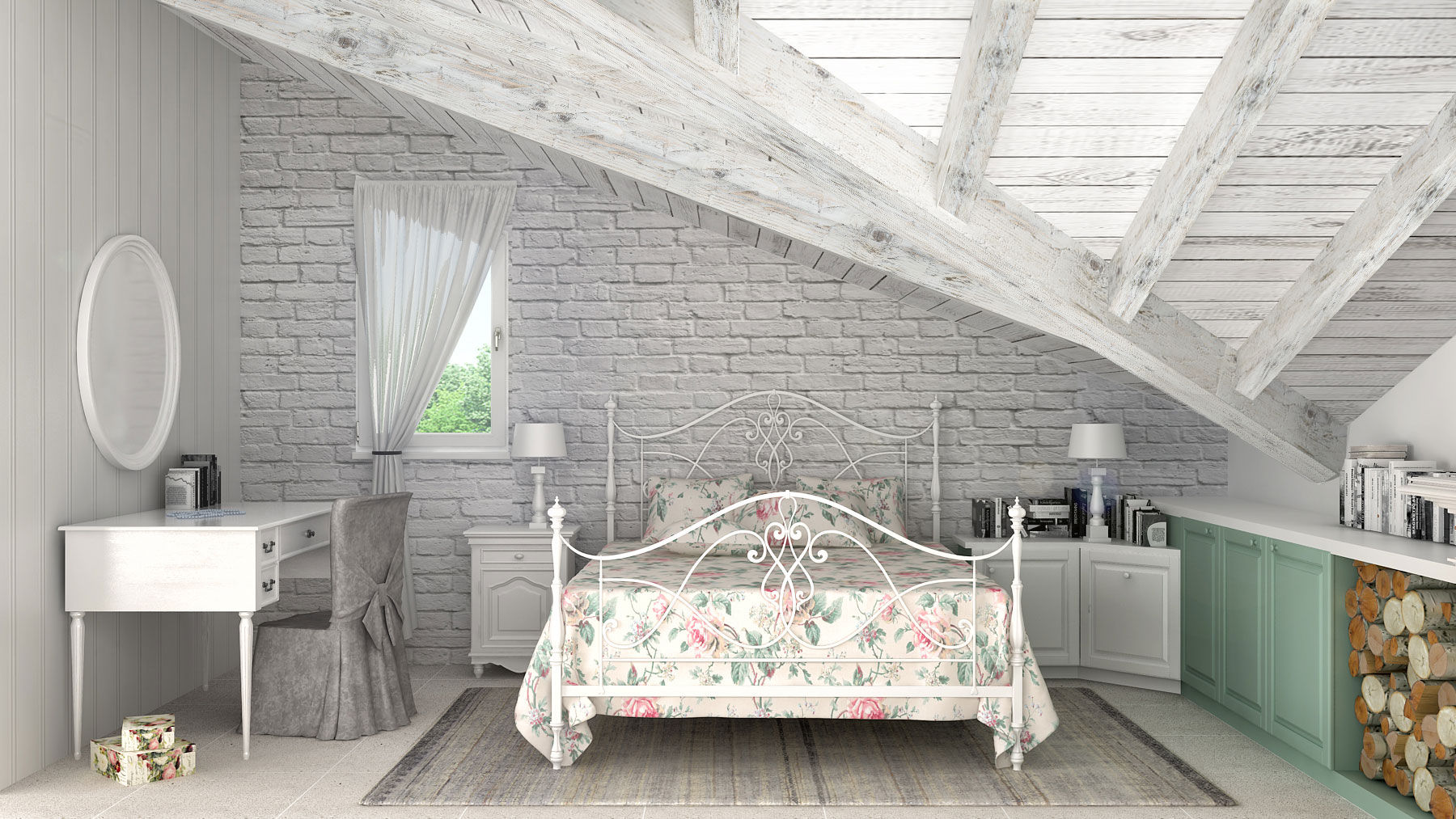 Camera da letto homify Camera da letto in stile rustico Legno Effetto legno camera da letto,mattoncini,copertura legno,fiori,bianco
